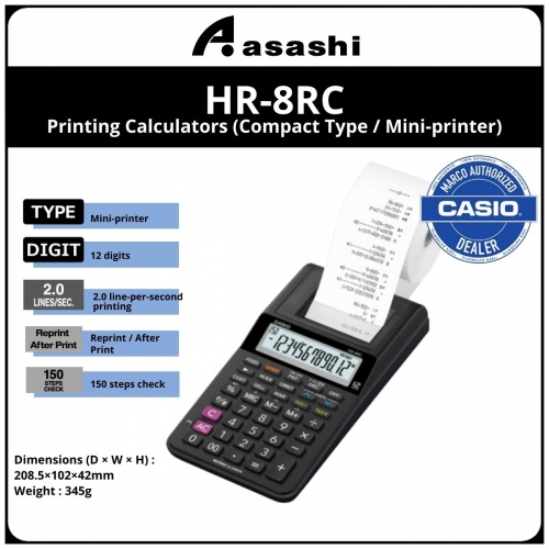 Casio HR-8RC Mini Printer with 12 Digits (BLACK) (12months Warrany) MUST KEEP BOX FOR WARRANTY