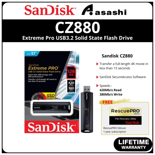Sandisk CZ880 128GB Extreme Pro USB3.2 Gen1 Solid State Flash Drive - SDCZ880-128G-G46 (Up to 420MB/s Read , 380MB/s Write)