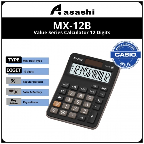 Casio Mini Desk MX-12B Calculator - Black (12months Warrany) MUST KEEP BOX FOR WARRANTY