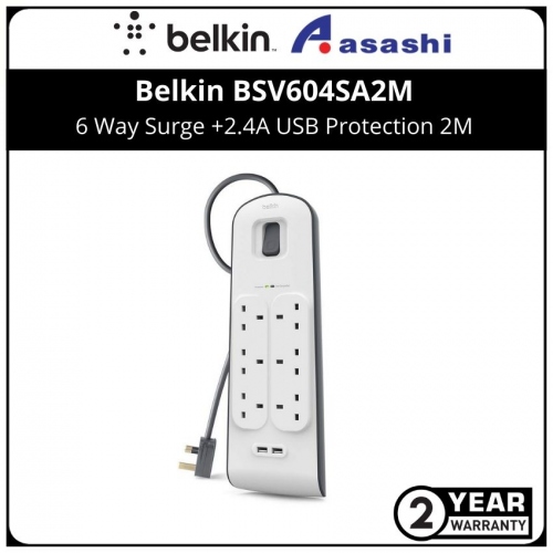 Belkin BSV604SA2M 6 Way Surge +2.4A USB Protection 2M