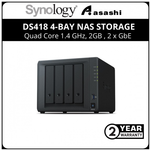 Synology DS418 4-Bay NAS Storage (Quad Core 1.4 GHz, 2GB , 2 x GbE)