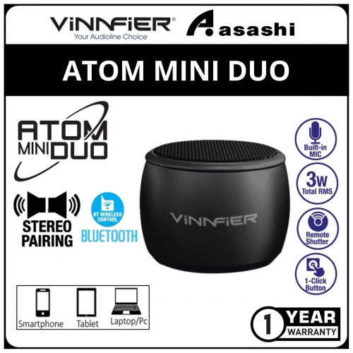 Vinnfier Atom Mini Duo (Black) Bluetooth Portable Speaker with Wireless Stereo Pairing - 1Y