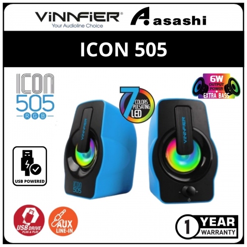 Vinnfier ICON505-Blue RGB USB Portable Speaker (6 months Limited Hardware Warranty)