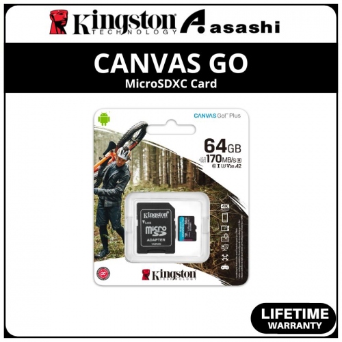 Kingston Canvas Go Plus 64GB UHS-I U3 V30 Class10 MicroSDHC Card - Up to 170MB/s Read Speed,70MB/s Write Speed