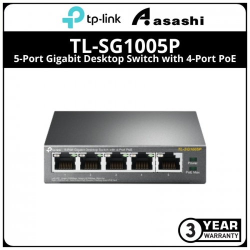 Tp-Link TL-SG1005P 5-Port Gigabit Desktop Switch with 4-Port PoE, 5 Gigabit RJ45 ports including 4 PoE ports, 56W PoE Power supply, steel case