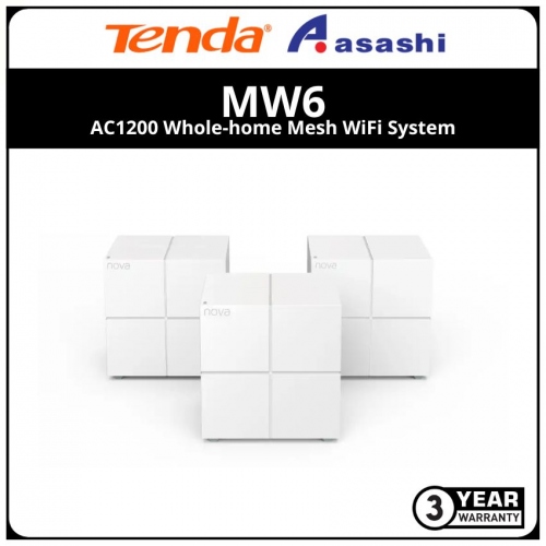 TENDA MW6(3-Pack) AC1200 Whole-home Mesh WiFi System; with 2 gigabit RJ45 ports per node. support 2.4GHz and 5GHz concurrent.Pre-paired installation.Plug and play