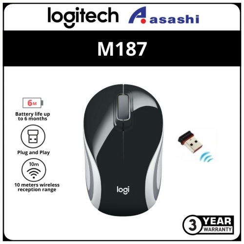 Logitech M187-Black Wireless Mini Mouse (3 yrs limited hardware warranty)