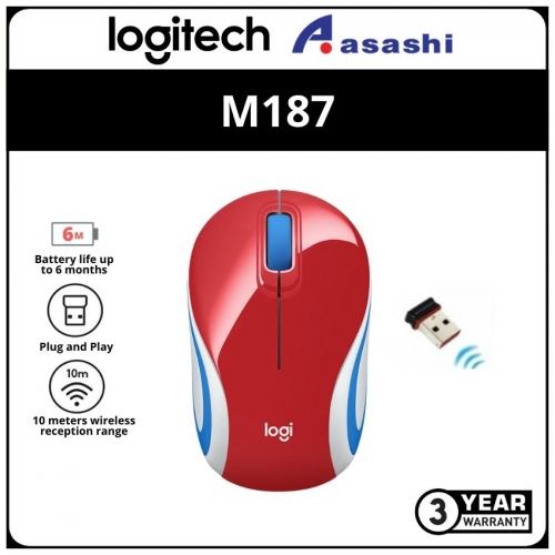 Logitech M187-Bright Red Wireless Mini Mouse (3 yrs limited hardware warranty)