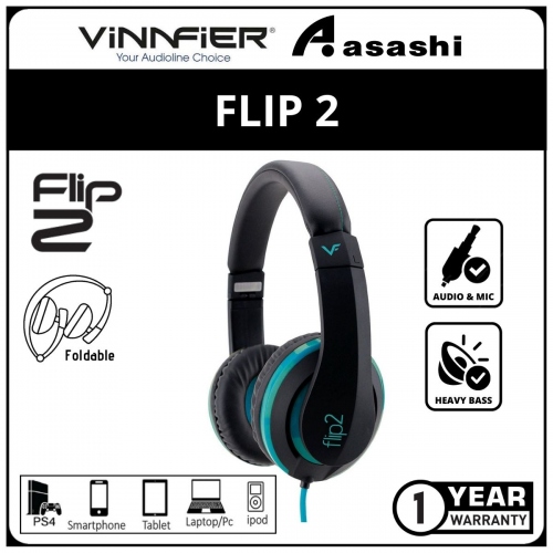 Vinnfier FLIP 2 (Black Turquoise) Headphones With Built in Mic Headsets