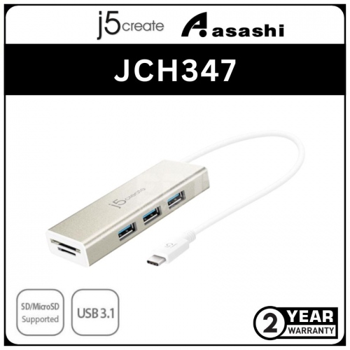 J5Create JCH347 USB 3.1 Type-C 3-Port Hub with SD/Micro SD Card Reader (2 yrs Limited Hardware Warranty)