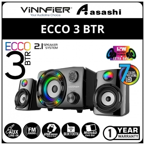 Vinnfier ECCO 3 BTR Bluetooth Speaker System 7 Color Pulsating LED Lights with FM Radio Micro SD card and USB Slot - 1Y