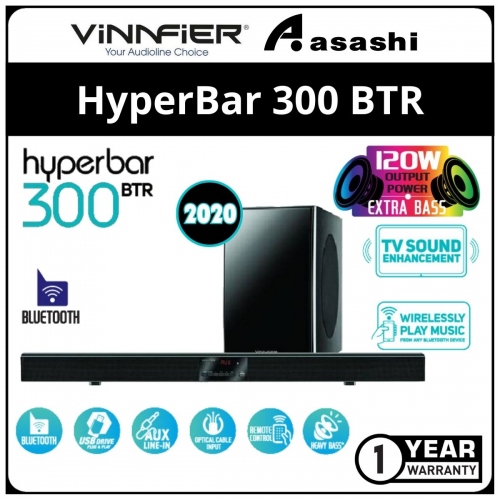 Vinnfier HyperBar 300 BTR Bluetooth Sound Bar with Subwoofer 3D Effect - 1Y