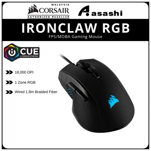 Corsair IRONCLAW RGB FPS/MOBA Gaming Mouse, Black, Backlit RGB LED, 18000 DPI, Optical