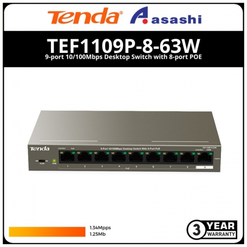 TENDA TEF1109P-8-63W 9-port 10/100Mbps Desktop Switch with 8-port POE