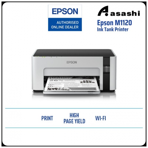 Epson M1120 Mono print, 15ipm (Draft 32ppm), Wi-Fi Direct, 6k page yield, pigment black ink, 4 year warranty or 50k pages