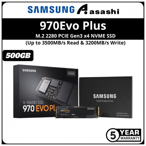 Samsung 970Evo Plus 500GB M.2 2280 PCIE Gen3 x4 NVME SSD - MZ-V7S500BW (Up to 3500MB/s Read & 3200MB/s Write)