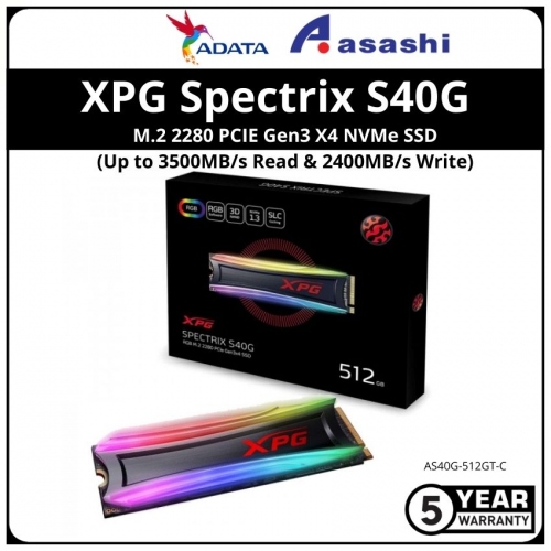 ADATA XPG Spectrix S40G RGB 512GB M.2 2280 PCIE Gen3 X4 NVMe SSD - AS40G-512GT-C (Up to 3500MB/s Read & 2400MB/s Write)
