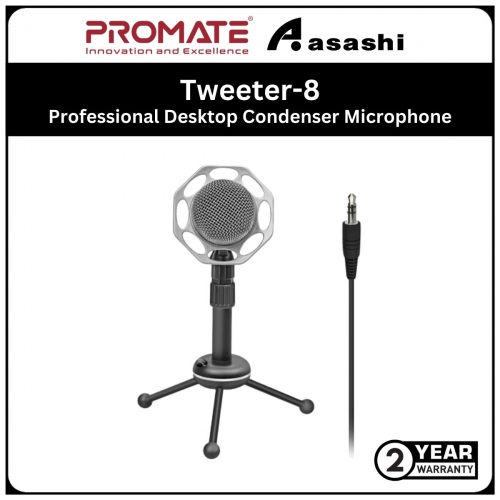 Promate TWEETER-8-BK Professional Desktop Condenser Microphone with Built in Volume Control, Adjustable Tripod Stand & 3.5mm Aux Connectivity