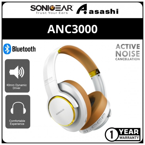 Sonic Gear ANC3000 (White Gold) Active Noise Cancellation Bluetooth Headphones (1 yrs Limited Hardware Warranty)
