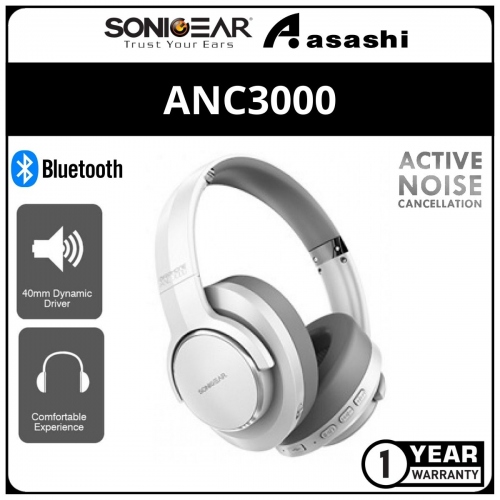 Sonic Gear ANC3000 (White Grey) Active Noise Cancellation Bluetooth Headphones (1 yrs Limited Hardware Warranty)