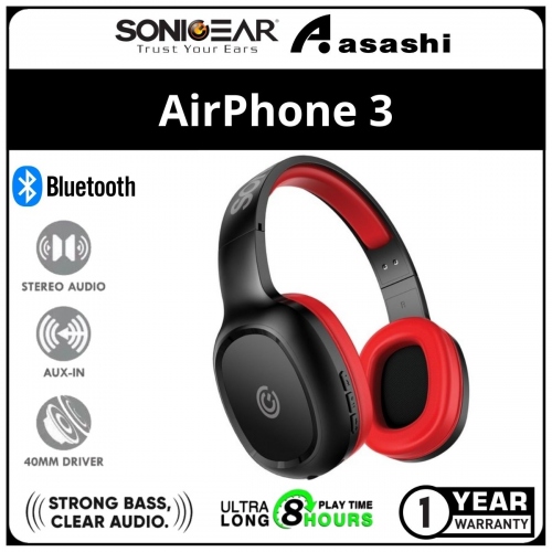 Sonic Gear AirPhone 3 (Red) Bluetooth Headphones With Mic | Built In Rechargeable Battery | 1 Year Warranty