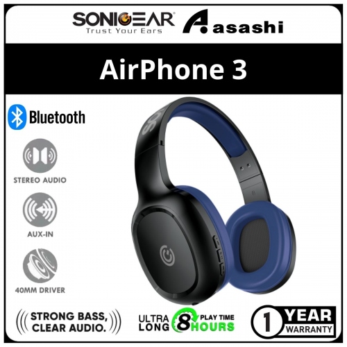Sonic Gear AirPhone 3 (Blue) Bluetooth Headphones With Mic | Built In Rechargeable Battery | 1 Year Warranty