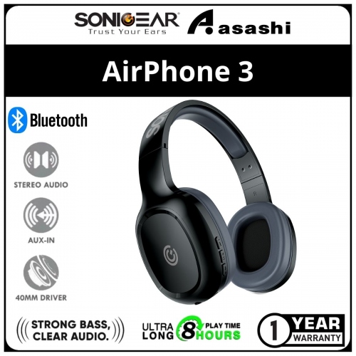 Sonic Gear AirPhone 3 (Grey) Bluetooth Headphones With Mic | Built In Rechargeable Battery | 1 Year Warranty