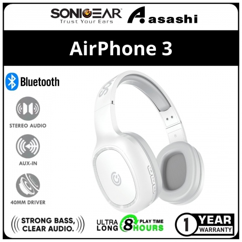 Sonic Gear AirPhone 3 (White) Bluetooth Headphones With Mic | Built In Rechargeable Battery | 1 Year Warranty