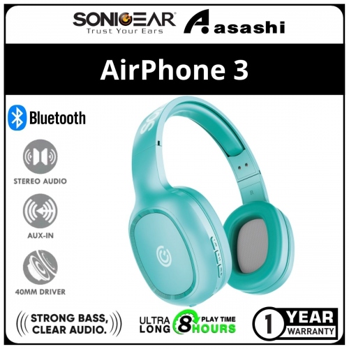 Sonic Gear AirPhone 3 (Mint) Bluetooth Headphones With Mic | Built In Rechargeable Battery | 1 Year Warranty
