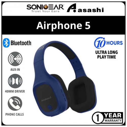 Sonic Gear Airphone 5 (Blue) Bluetooth 5.0 Headphone | High Clarity | Strong Bass | Built-In Microphone | 1 Year Warranty