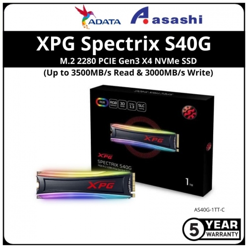 ADATA XPG Spectrix S40G RGB 1TB M.2 2280 PCIE Gen3 X4 NVMe SSD - AS40G-1TT-C (Up to 3500MB/s Read & 3000MB/s Write)