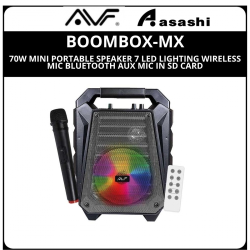 AVF BOOMBOX-MX 70W MINI PORTABLE SPEAKER 7 LED LIGHTING WIRELESS MIC BLUETOOTH AUX MIC IN SD CARD