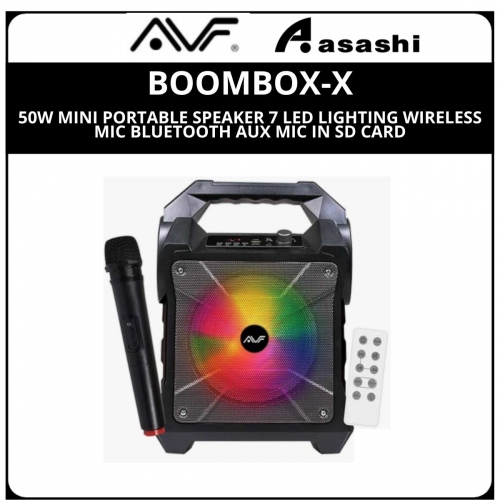 AVF BOOMBOX-X 50W MINI PORTABLE SPEAKER 7 LED LIGHTING WIRELESS MIC BLUETOOTH AUX MIC IN SD CARD
