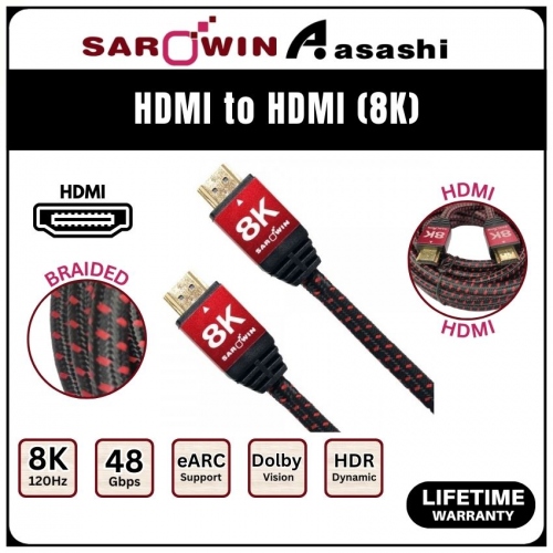 Sarowin 8K HDMI Cable (2.0M) 4K/120Hz (V2.1), 48Gbps, Gold Plated