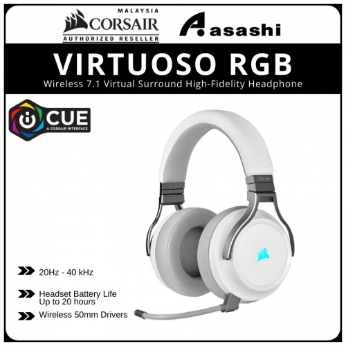 Corsair Virtuoso RGB Wireless Gaming Headset - White (3.5mm+USB+USB Wireless Adapter) w/ SLIPSTREAM CA-9011186-AP