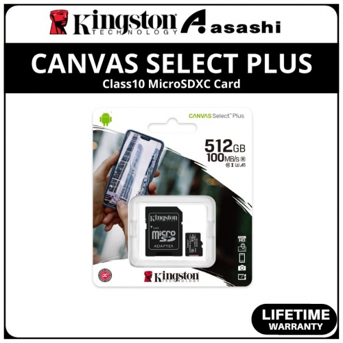 Kingston Canvas Select Plus 512GB UHS-I U3 V30 Class10 MicroSDXC Card - Up to 100MB/s Read Speed,85MB/s Write Speed