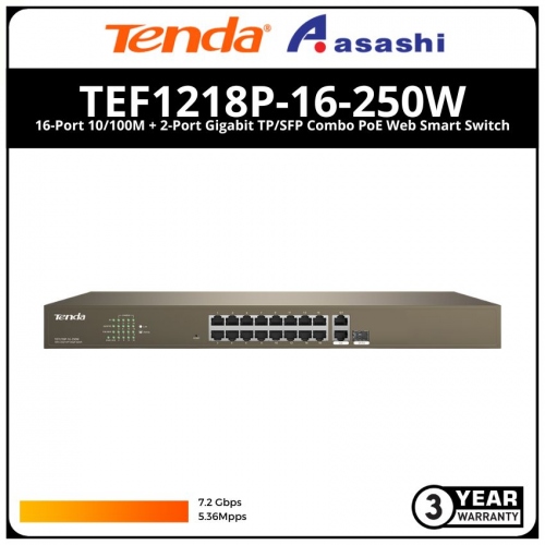 Tenda TEF1218P-16-250W 16-Port 10/100M + 2-Port Gigabit TP/SFP Combo PoE Web 
Smart Switch
