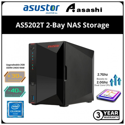 ASUSTOR AS5202T 2-Bay NAS Storage (Intel Celeron J4005 2.0Ghz DC, 2GB DDR4, 2 x GbE)
