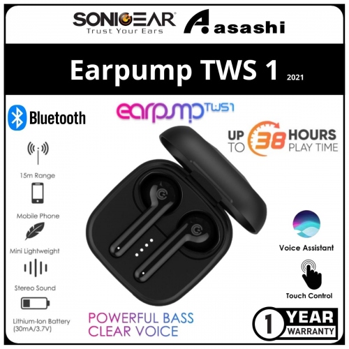 Sonic Gear Earpump TWS 1 (Black) True Wireless Stereo Earphone Bluetooth/ 38 Hour Playtime/ 60ms Low Latency/ TWS Earbuds
