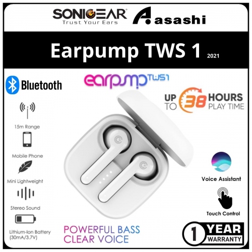 Sonic Gear Earpump TWS 1 (White) True Wireless Stereo Earphone Bluetooth/ 38 Hour Playtime/ 60ms Low Latency/ TWS Earbuds