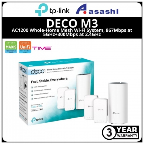TP-Link Deco M3(3 Packs) AC1200 Whole-Home Mesh Wi-Fi System, 867Mbps at 5GHz+300Mbps at 2.4GHz, 2 Gigabit Ports, 2 internal antennas