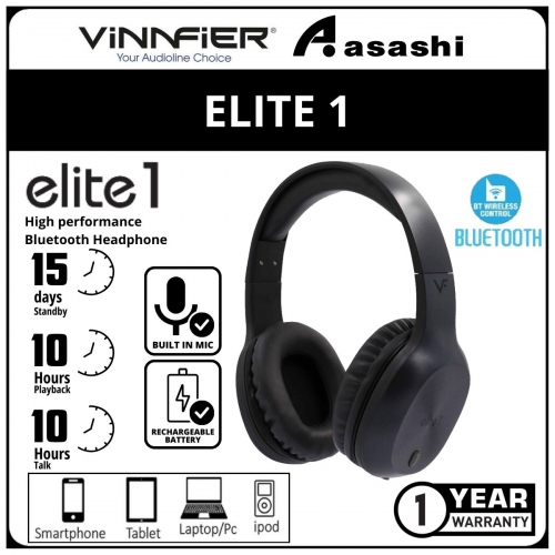 Vinnfier Elite 1 (Black) High Performance Bluetooth Headphone (1 yrs Limited Hardware Warranty)
