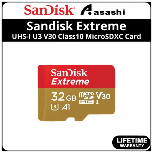 SanDisk (SDSQXAF-032G-GN6MN) Extreme 32GB UHS-I U3 V30 Class10 MicroSDHC Card w/o adapter - Up to 100MB/s Read Speed,60MB/s Write Speed