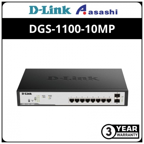 D-Link DGS-1100-10MP 8 Port Web Smart Gigabit POE Switch + 2SFP. Power Budget 130W