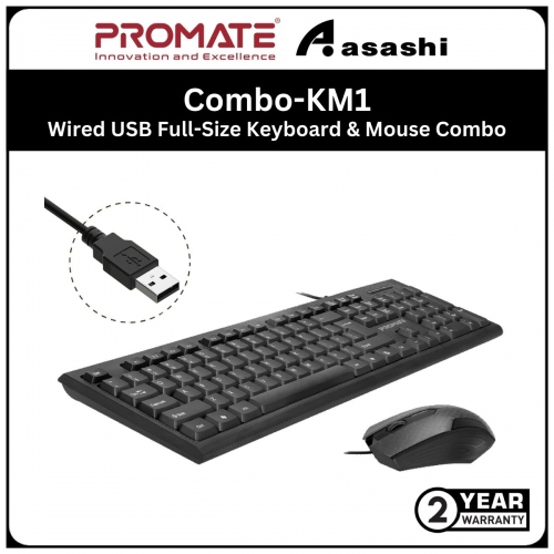 Promate Combo-KM1 Ergonomic Wired USB Full-Size Keyboard & Mouse Combo