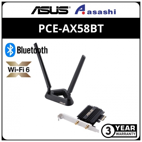 Asus PCE-AX58BT AX3000 Dual Band PCI-E WiFi 6 (802.11ax) Adapter with 2 external antennas. Supporting 160MHz, Bluetooth 5.0, WPA3 network security, OFDMA and MU-MIMO