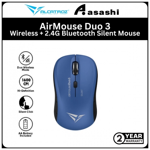 Alcatroz AirMouse Duo 3 Blue Wireless + 2.4G Bluetooth Silent Mouse with Battery (1 yrs Limited Hardware Warranty)