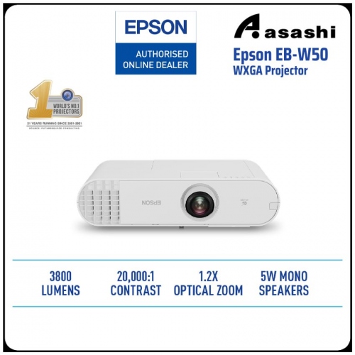 EPSON EB-W50 Digital Signage (WXGA 1280x800, 3800 lumens, 10,000 Hours, 20,000:1 Contrast Ratio Projector