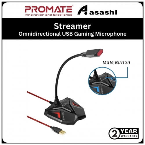 Promate Streamer-Maroon High Sensitivity Omnidirectional USB Gaming Microphone With Flexible Gooseneck,