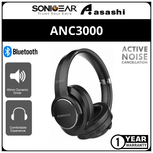 Sonic Gear ANC3000 (Black) Active Noise Cancellation Bluetooth Headphones (1 yrs Limited Hardware Warranty)